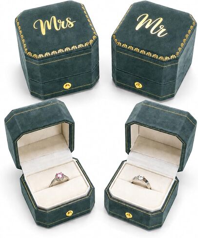 Mr & Mrs Wedding Ring Box - Octagon Engagement Ring Box Ring Display Holder Case with Hinged Lid for Proposal Engagement Wedding, 2.44x2.44x2.17 IN U2-PRB005-mr mrs Lake Blue in Saudi Arabia
