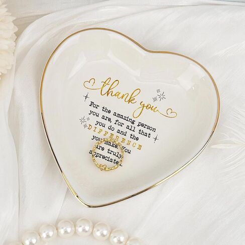 Thank You Heart Trinket Dish – Gold Rim Ceramic Jewelry Tray Appreciation Gift for Teacher, Coworker, Friend, Nurse, Boss – Decorative Ring Holder, Jewelry Catchall, Gratitude Gift in Saudi Arabia
