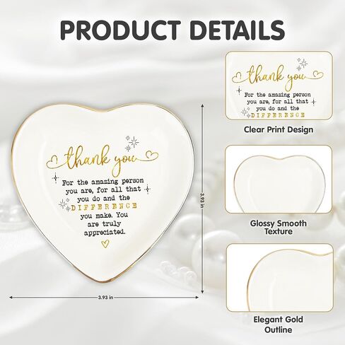 Thank You Heart Trinket Dish – Gold Rim Ceramic Jewelry Tray Appreciation Gift for Teacher, Coworker, Friend, Nurse, Boss – Decorative Ring Holder, Jewelry Catchall, Gratitude Gift in Saudi Arabia