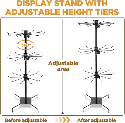 2 Pcs 3 Tier Rotating Display Stand Black Metal Retail Display Stand with Hooks for Necklace, Bracelet, Earrings, and Keychains, Adjustable Height, 28.35 x 11.81 Inch in Saudi Arabia