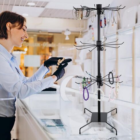 2 Pcs 3 Tier Rotating Display Stand Black Metal Retail Display Stand with Hooks for Necklace, Bracelet, Earrings, and Keychains, Adjustable Height, 28.35 x 11.81 Inch in Saudi Arabia
