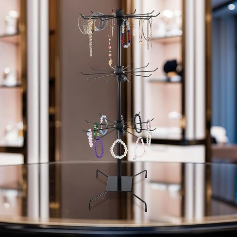 2 Pcs 3 Tier Rotating Display Stand Black Metal Retail Display Stand with Hooks for Necklace, Bracelet, Earrings, and Keychains, Adjustable Height, 28.35 x 11.81 Inch in Saudi Arabia