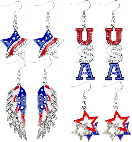4 Paris Patriotic American Flag Earrings for Women 4th of July Independence Star Dangle Earrings Rhinestone Memorial Holiday Gifts in Saudi Arabia