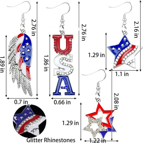 4 Paris Patriotic American Flag Earrings for Women 4th of July Independence Star Dangle Earrings Rhinestone Memorial Holiday Gifts in Saudi Arabia