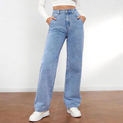 Women's High Waisted Wide Leg Jeans Casual Denim Pants Loose Fit Straight Leg Trousers for Daily Streetwear in Kuwait