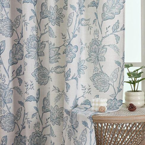 Floral Curtains 63 Inch Length - Light Filtering Faux Linen Flower Printed Window Curtains for Bedroom, Rod Pocket No-See Through Privacy Drapes, 2 Panels, Each 40Wx63L Inches, Dusty Blue in Saudi Arabia