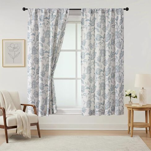 Floral Curtains 63 Inch Length - Light Filtering Faux Linen Flower Printed Window Curtains for Bedroom, Rod Pocket No-See Through Privacy Drapes, 2 Panels, Each 40Wx63L Inches, Dusty Blue in Saudi Arabia