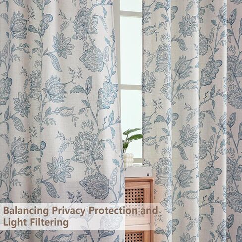Floral Curtains 63 Inch Length - Light Filtering Faux Linen Flower Printed Window Curtains for Bedroom, Rod Pocket No-See Through Privacy Drapes, 2 Panels, Each 40Wx63L Inches, Dusty Blue in Saudi Arabia