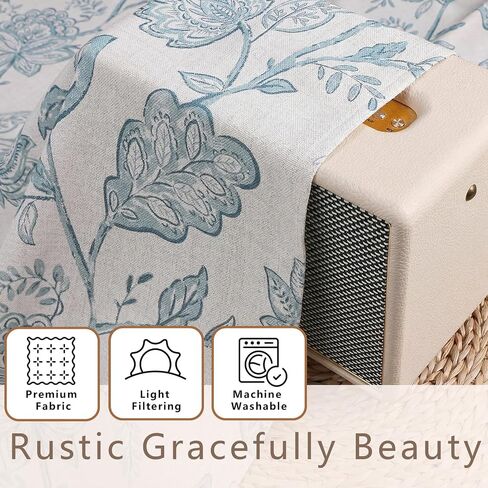 Floral Curtains 63 Inch Length - Light Filtering Faux Linen Flower Printed Window Curtains for Bedroom, Rod Pocket No-See Through Privacy Drapes, 2 Panels, Each 40Wx63L Inches, Dusty Blue in Saudi Arabia