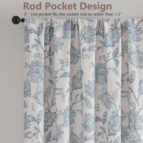 Floral Curtains 63 Inch Length - Light Filtering Faux Linen Flower Printed Window Curtains for Bedroom, Rod Pocket No-See Through Privacy Drapes, 2 Panels, Each 40Wx63L Inches, Dusty Blue in Saudi Arabia