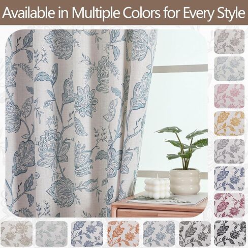Floral Curtains 63 Inch Length - Light Filtering Faux Linen Flower Printed Window Curtains for Bedroom, Rod Pocket No-See Through Privacy Drapes, 2 Panels, Each 40Wx63L Inches, Dusty Blue in Saudi Arabia