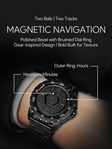 EUTOUR Magnetic Watches for Men, Unique No Hand Design with Gliding Magnet Balls Analog Display, 42mm Roman Numerals Dial with 22mm Steel Strap, 5ATM, Mens Fashion Accessories for Daily Outfit, Black in Saudi Arabia