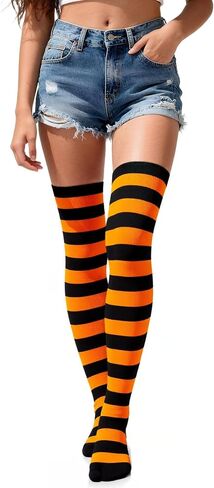 Womens Thigh High Socks Striped Long Over The Knee Socks Funny Crazy Halloween Costume Stockings, Wide Stripes in Saudi Arabia