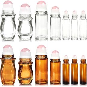 Rose Quartz Roller Bottles for Essential Oils, 50ml Refillable Waist Amber Glass Roll On Bottles with Natural Crystal Roller Balls, Leak-Proof Travel Perfume Bottle with Gold Caps in Saudi Arabia