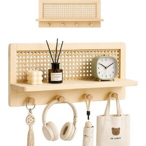 Rattan Wall Shelf with 4 Hooks, Entryway Key Holder & Coat Rack Wall Mount in Saudi Arabia
