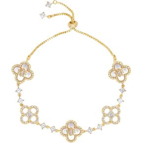 Aura & Irena Adjustable 18K Platinum Plated Clover Bracelets for Women - Mother of Pearl Non-Bangle Bracelet with 3A Cubic Zirconia, Valentine's Day Hypoallergenic Gift in Saudi Arabia