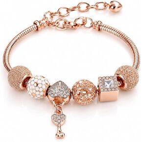 The Signature Charm Collection Charm Bracelet for Women – Crystal Heart & Key Charm Bracelet with Adjustable Snake Chain & Gift Pouch – Available in Rose Gold & Silver in Saudi Arabia