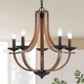 Modern Farmhouse Chandelier 5-Light, 21" Candle Dining Room Chandelier for Bedroom Hallway Kitchen Foyer, Rustic Adjustable Height Hanging Metal Ceiling Light Fixtures, Wood Grain and Black in Saudi Arabia