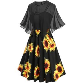 طقم فستان Sunflower Cami للسيدات من DRESSFO - فستان جيب مطبوع على شكل حرف A مع عباءة كيب منسوجة in Saudi Arabia