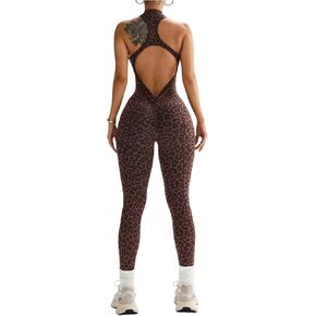 Milumia Women's Leopard Print Workout Jumpsuit Zip Up Open Back Yoga Gym One Piece Outfits in Kuwait