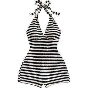 Milumia Women's Stripd Knit Halter Romper Tie Open Back Sleeveless Summer Vacation Rompers in Kuwait