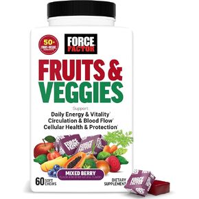مكمل الفواكه والخضروات من Force Factor للبالغين، تركيبة مضادة للأكسدة فائقة الجودة، أكثر من 50 نوعًا من الفواكه والخضروات لدعم تدفق الدم والدورة الدموية والطاقة، بدون مواد مالئة إضافية، توت مختلط، 60 قطعة مضغ ناعمة in Kuwait
