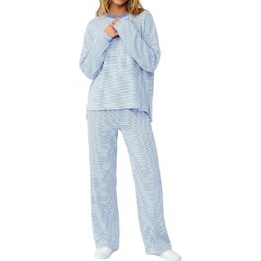 Womens 2 Piece Striped Lounge Set Oversized Long Sleeve T-Shirt Wide Leg Pants Matching Pajama Sets Loungewear Pj set in Saudi Arabia