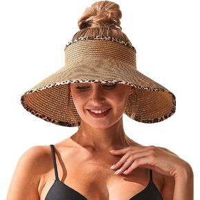 Women Sun Visors Wide Brim Foldable Packable Ponytail Beach Hat Straw Leopard Roll Up Bow Visor Sun Hats in Saudi Arabia