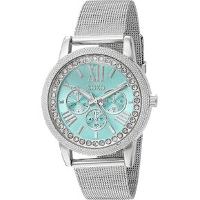 XOXO Women's Silver-Tone Analog Watch with Crystal Bezel and Aqua Blue Dial – Mesh Band Dress Watch with Faux Chrono Look Fits Wrists 5.5"-8" in Gift Box in Saudi Arabia