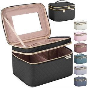 HXLGMD Large Makeup Bag with Mirror Double Layer Travel Make Up Organizer Case, Large Capacity Coemetic with Brush Slot Divider, Travel Toiletry Bag for Women (Pink) in Saudi Arabia