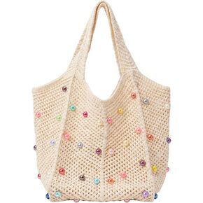 Boho Crochet Beach Tote Bag Colorful Beaded Hippie Knit Shoulder Bag Aesthetic Handbag for Women in Saudi Arabia