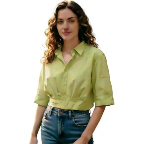 Womens 1/2 Sleeve Button Down Tops Crop Casual Collared Shirts Blouses Ruffle Tops Loose Fit in Saudi Arabia