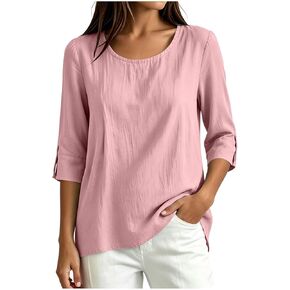 Womens Cotton Linen Shirts Round Neck Tab Rolled Up 3/4 Sleeve Tops Elegant Dressy Blouses Business Casual Outfits in Saudi Arabia