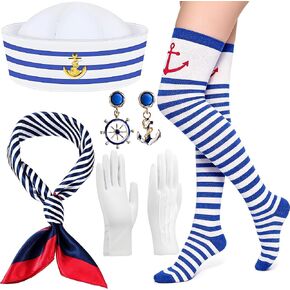 5 Pcs Yacht Sailor Costume Set, Sailor Cap Scarf Stockings Yacht Captain Hat Boat Gloves Earrings Costume for Women Captains Dressing Up Party Halloween Christmas Party in Saudi Arabia