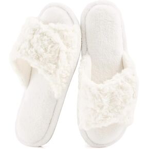HUXMEYSON Slippers For Women, Open Toe Memory Foam Adjustable House Shoes | Fuzzy Faux Fur, Anti-Slip TPR Soles, Indoor & Outdoor, Hook & Loop Strap, Double-Padded Cushion, Swollen Feet in Saudi Arabia