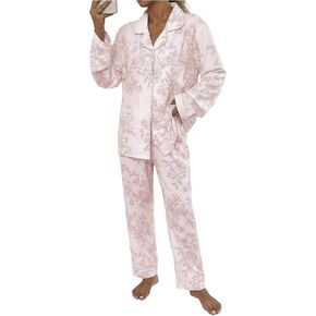 RoseSeek Women's 2 Piece Pajama Sets Floral Print Button Down Shirts and Wide Leg Pants Lounge Sets Sleepwear in Saudi Arabia