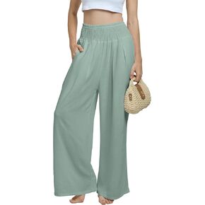 Joob Joob Women’s Linen Pants – Wide Leg, Smocked High Waist, Lightweight Summer Beach Travel Palazzo Pants with Pockets in Kuwait