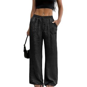Unybwonn Women Wide Leg Satin Pants Palazzo Drawstring Pleated Pants Elastic Waist Party Metallic Shiny Trousers with Pocket in Saudi Arabia