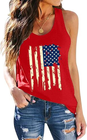 PECHAR Patriotic Shirts 4th of July Sleeveless Tank Tops Women American Flag T Shirt USA Graphic Tees Racerback Vest in Kuwait