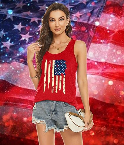 PECHAR Patriotic Shirts 4th of July Sleeveless Tank Tops Women American Flag T Shirt USA Graphic Tees Racerback Vest in Kuwait