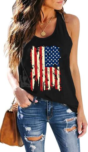 PECHAR Patriotic Shirts 4th of July Sleeveless Tank Tops Women American Flag T Shirt USA Graphic Tees Racerback Vest in Kuwait