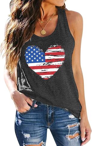 PECHAR Patriotic Shirts 4th of July Sleeveless Tank Tops Women American Flag T Shirt USA Graphic Tees Racerback Vest in Kuwait