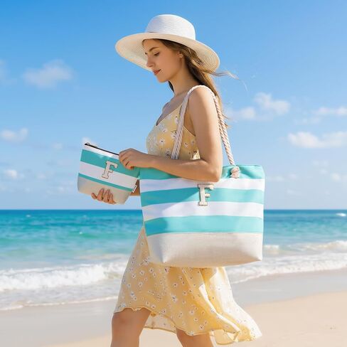 Vavabox Initial Beach Tote Bag for Women, Water-resistant Travel Beach Bag Pool Bag Set, Birthday Gifts for Women Mom in Kuwait