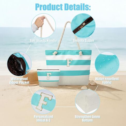 Vavabox Initial Beach Tote Bag for Women, Water-resistant Travel Beach Bag Pool Bag Set, Birthday Gifts for Women Mom in Kuwait