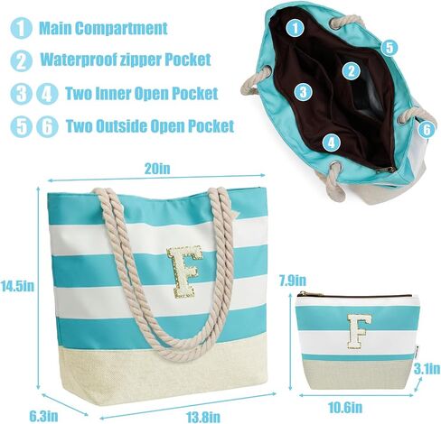 Vavabox Initial Beach Tote Bag for Women, Water-resistant Travel Beach Bag Pool Bag Set, Birthday Gifts for Women Mom in Kuwait