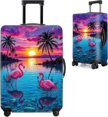Tropical Sunset Flamingo Luggage Cover - Pink Flamingo & Palm Tree Beach Suitcase Protector - Vibrant Ocean Landscape Travel Baggage Sleeve Fits 24-26 Inch Luggage - Case Cover,M in Saudi Arabia