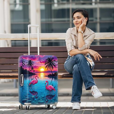 Tropical Sunset Flamingo Luggage Cover - Pink Flamingo & Palm Tree Beach Suitcase Protector - Vibrant Ocean Landscape Travel Baggage Sleeve Fits 24-26 Inch Luggage - Case Cover,M in Saudi Arabia