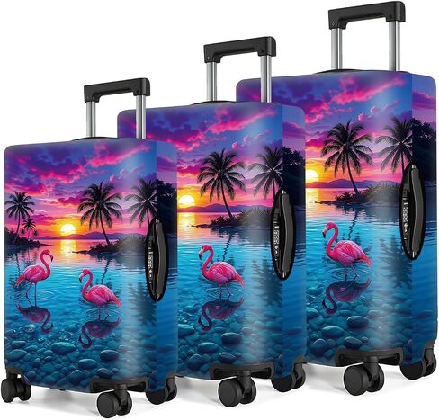 Tropical Sunset Flamingo Luggage Cover - Pink Flamingo & Palm Tree Beach Suitcase Protector - Vibrant Ocean Landscape Travel Baggage Sleeve Fits 24-26 Inch Luggage - Case Cover,M in Saudi Arabia