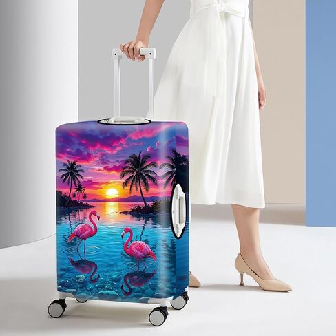 Tropical Sunset Flamingo Luggage Cover - Pink Flamingo & Palm Tree Beach Suitcase Protector - Vibrant Ocean Landscape Travel Baggage Sleeve Fits 24-26 Inch Luggage - Case Cover,M in Saudi Arabia