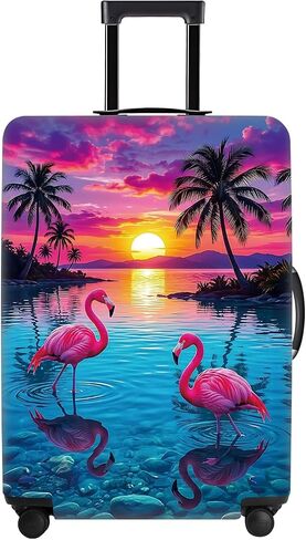 Tropical Sunset Flamingo Luggage Cover - Pink Flamingo & Palm Tree Beach Suitcase Protector - Vibrant Ocean Landscape Travel Baggage Sleeve Fits 24-26 Inch Luggage - Case Cover,M in Saudi Arabia